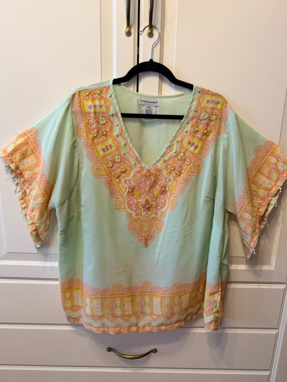 JESSICA LONDON Women’s Beaded V-Neck Elbow Sleeve Sheer Tunic (Plus Size 20)